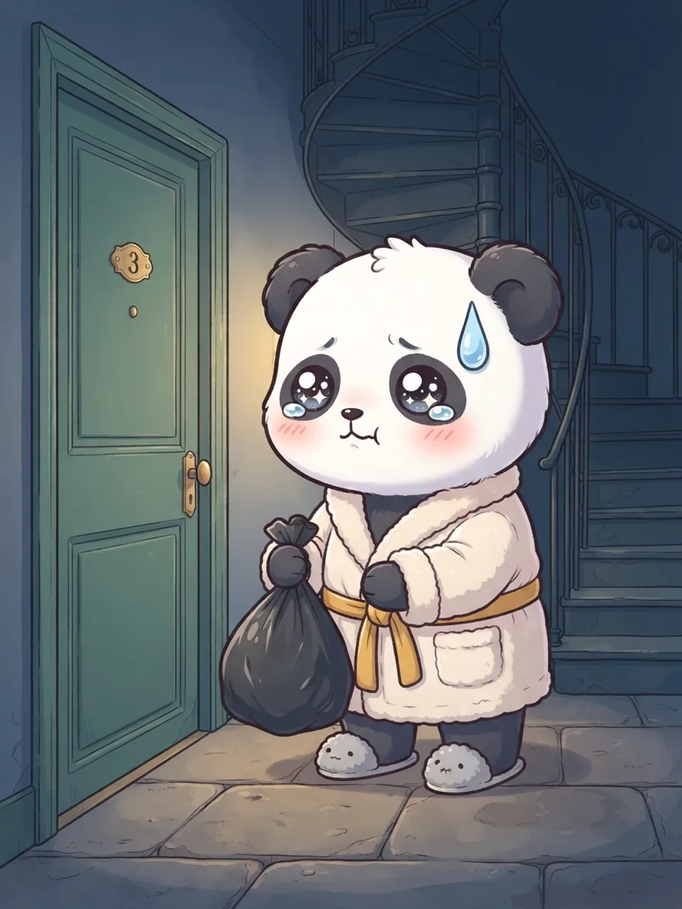Avant : un panda en peignoir, poubelle à la main, bloqué devant sa porte claquée